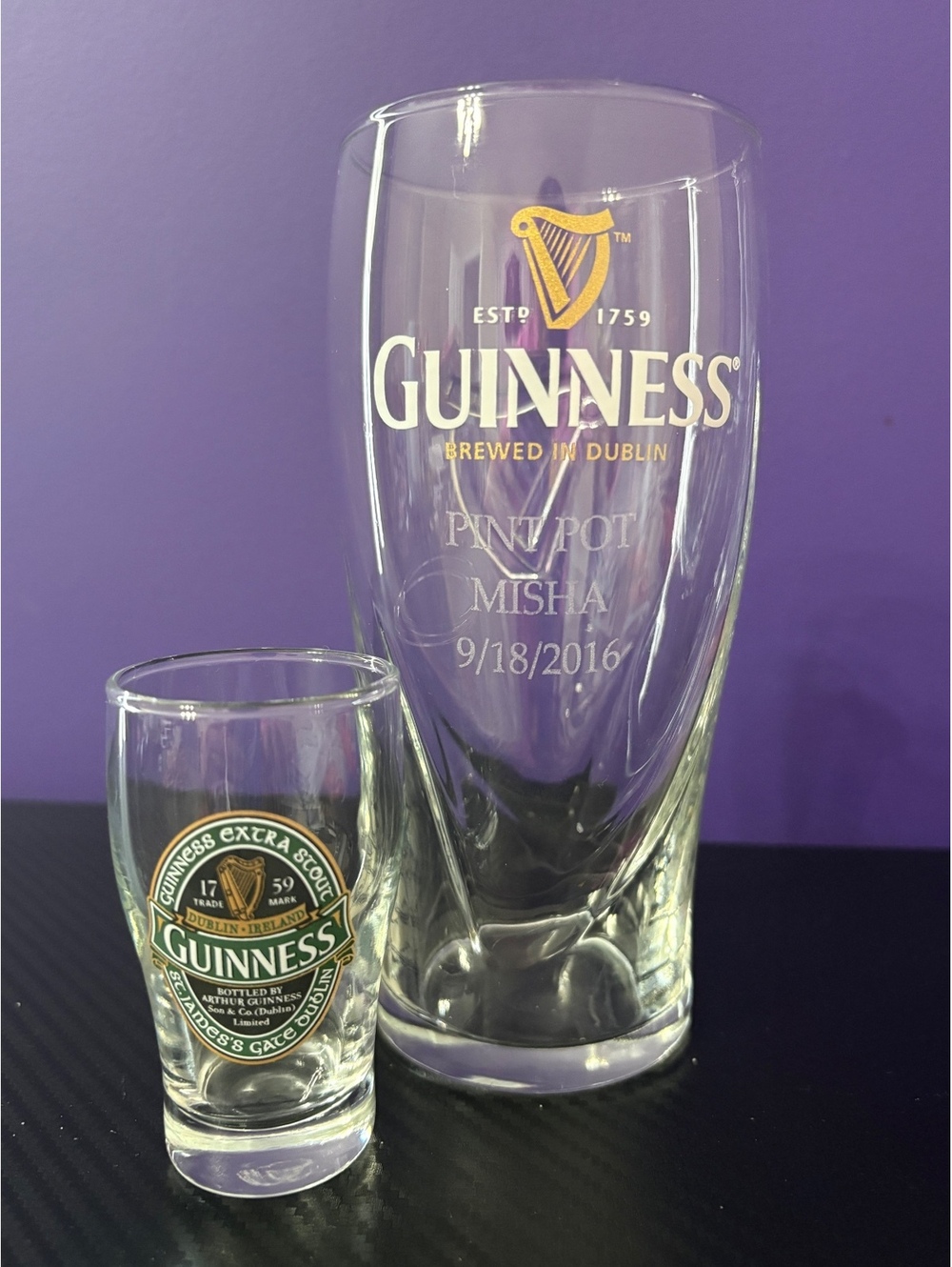 Guinness Beer Glass from Pint Pot 2016 with a Guinness Shot Glass